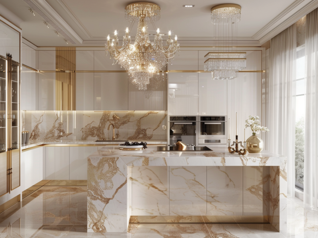10 inspiracji na urządzenie kuchni w stylu glamour z marmurowymi akcentami