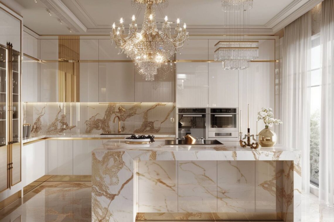 10 inspiracji na urządzenie kuchni w stylu glamour z marmurowymi akcentami