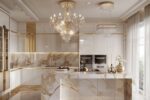 10 inspiracji na urządzenie kuchni w stylu glamour z marmurowymi akcentami