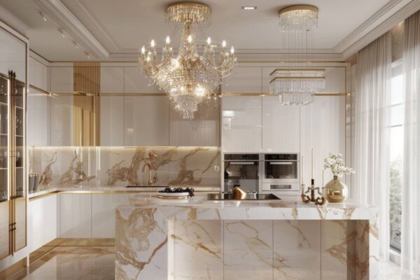 10 inspiracji na urządzenie kuchni w stylu glamour z marmurowymi akcentami