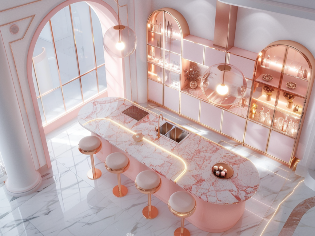 10 inspiracji na urządzenie kuchni w stylu glamour z marmurowymi akcentami