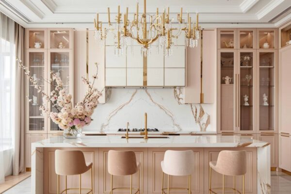 10 inspiracji na urządzenie kuchni glamour z eleganckimi detalami.