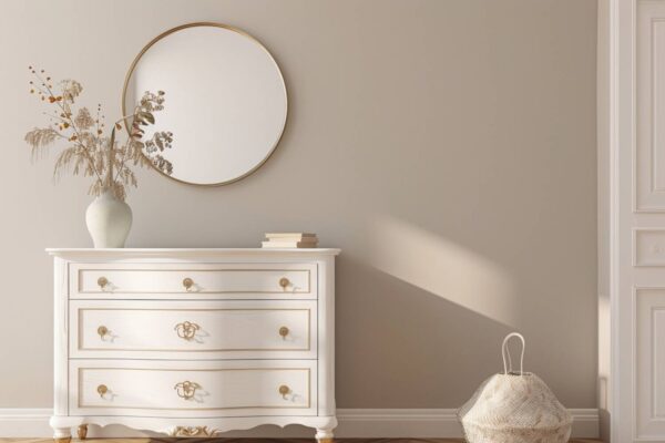 Elegancka biała komoda z trzema szufladami i złotymi uchwytami