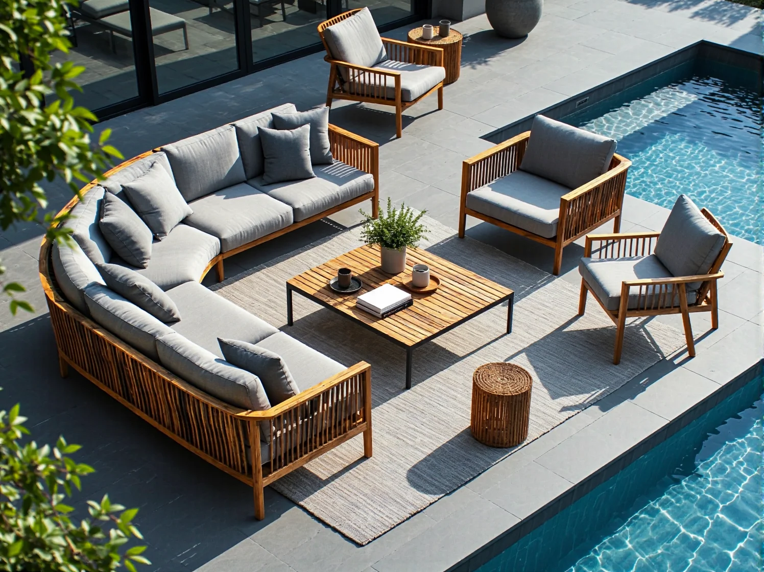 Aranżacja oazy relaksu z parasolem i narożnikiem przy basenie