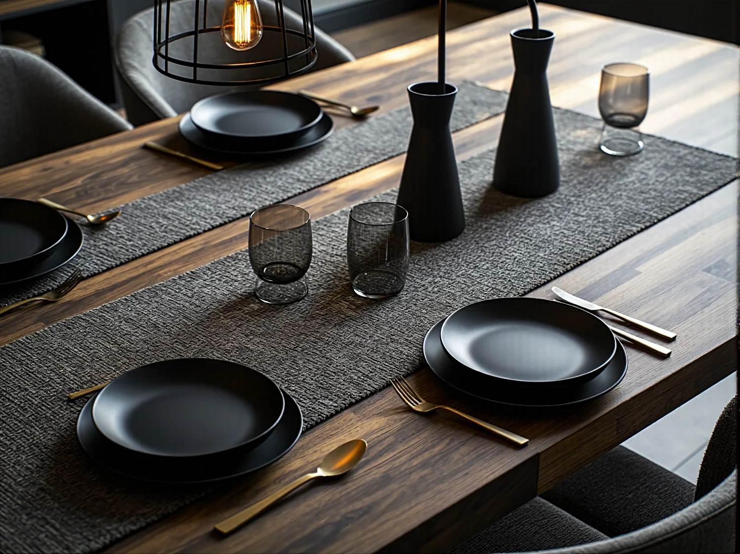 Ciepłe oświetlenie lampy wiszącej podkreślające ciemne akcenty w jadalni.