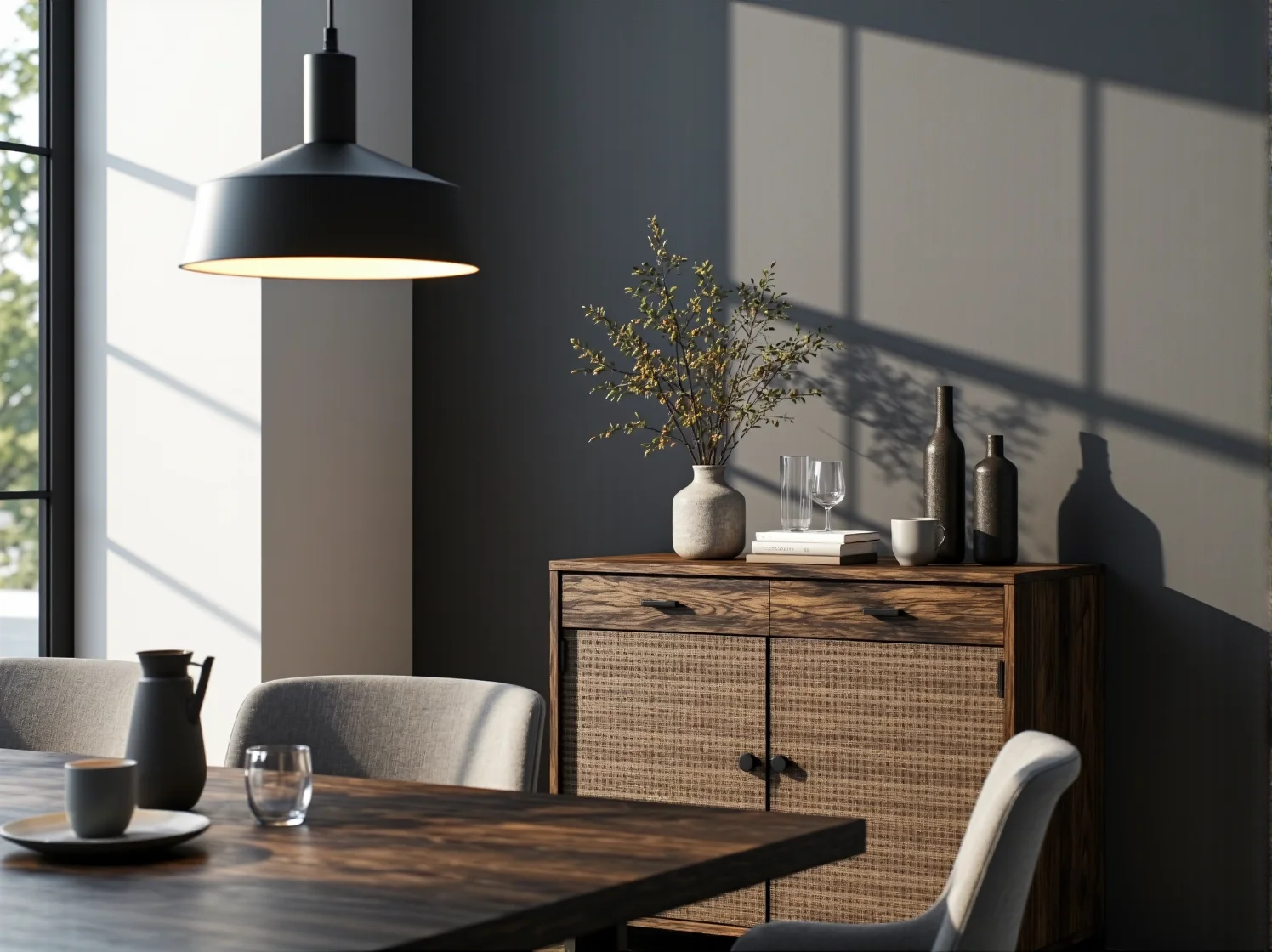 Trzy czarne lampy wiszące nad dębowym stołem w jadalni z ciemnymi dodatkami.
