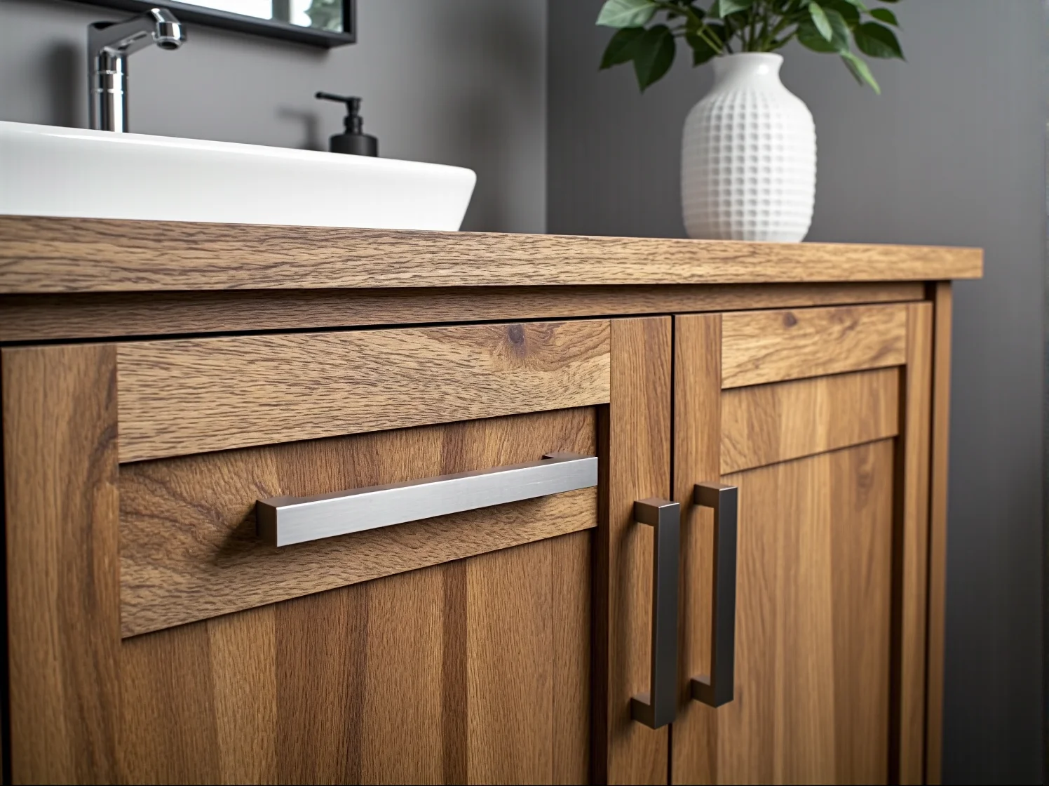 Funkcjonalna drewniana szafka pod umywalkę w jasnej skandynawskiej łazience.