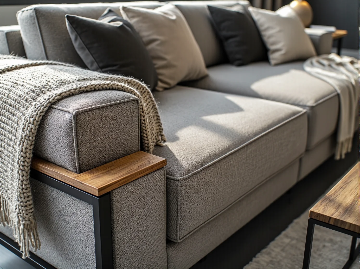 Detal drewnianych nóżek nowoczesnej sofy modułowej scandi.