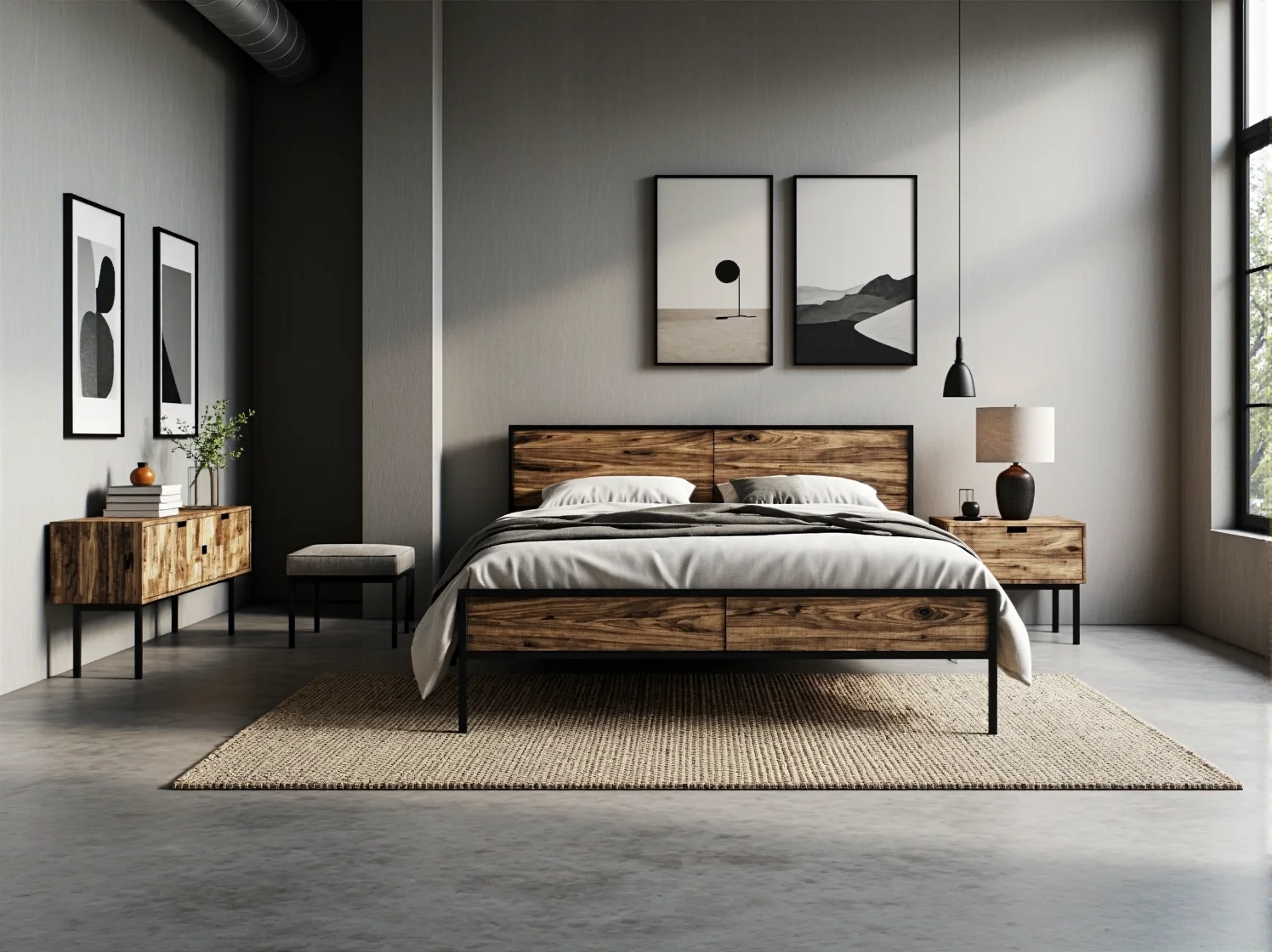 Metalowe krzesła i drewniany stół w surowej jadalni typu loft