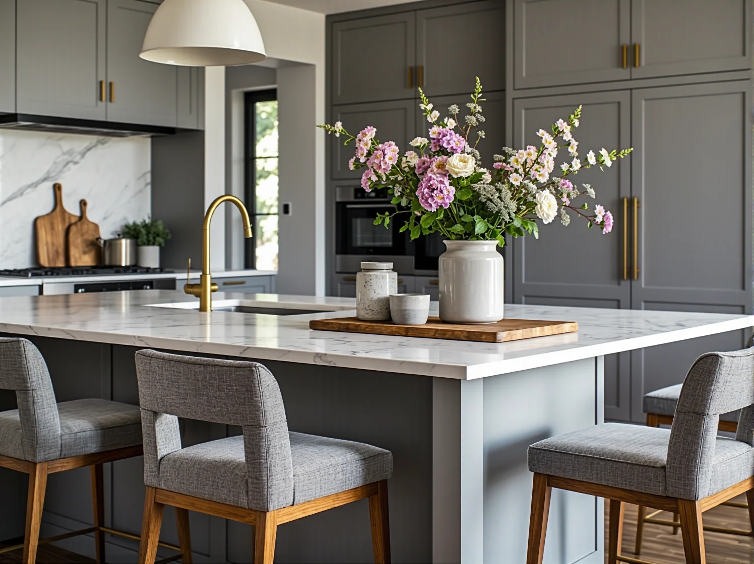 Ekologiczne blaty z recyklingu w eleganckiej aranżacji kuchennej glamour.