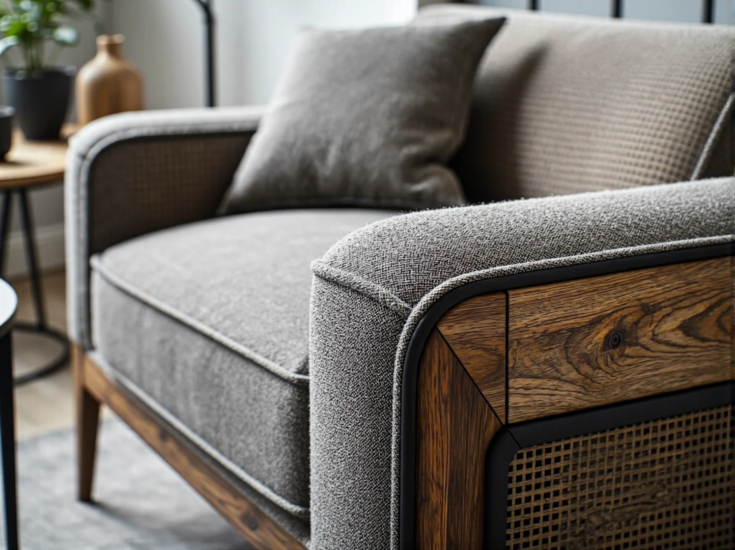 Ekologiczne lampy wiszące nad drewnianym stołem w jadalni w stylu eko.