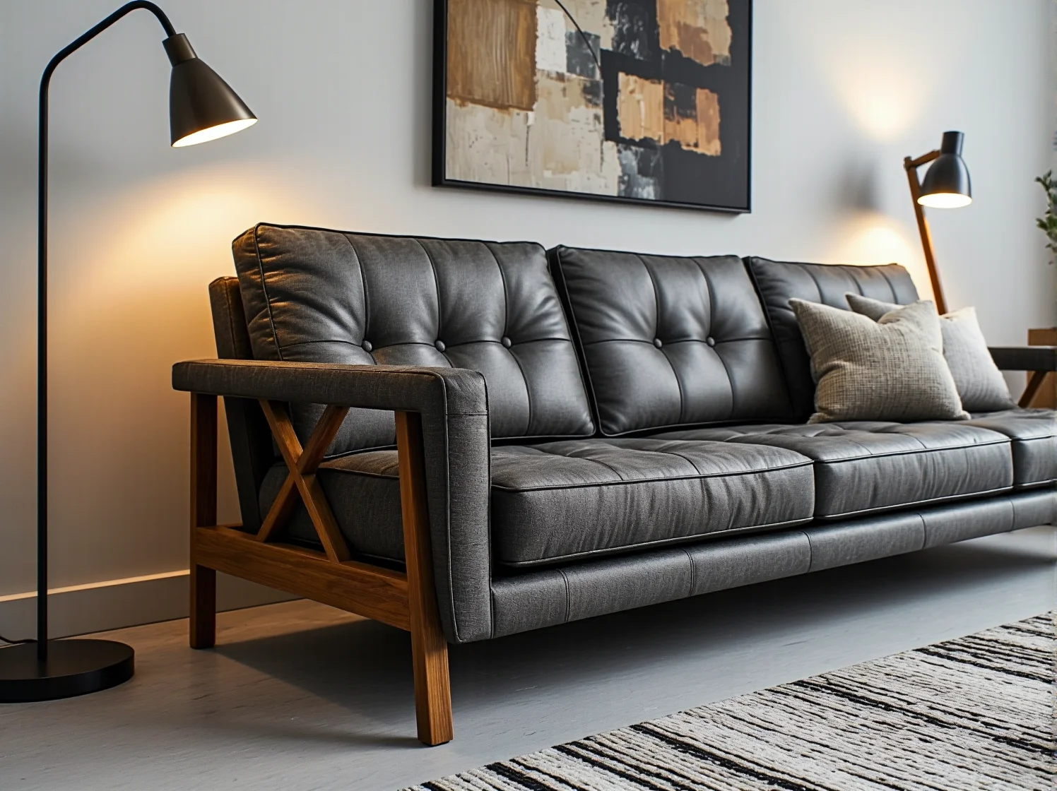 Elegancka sofa ze skóry naturalnej w klasycznym pokoju dziennym