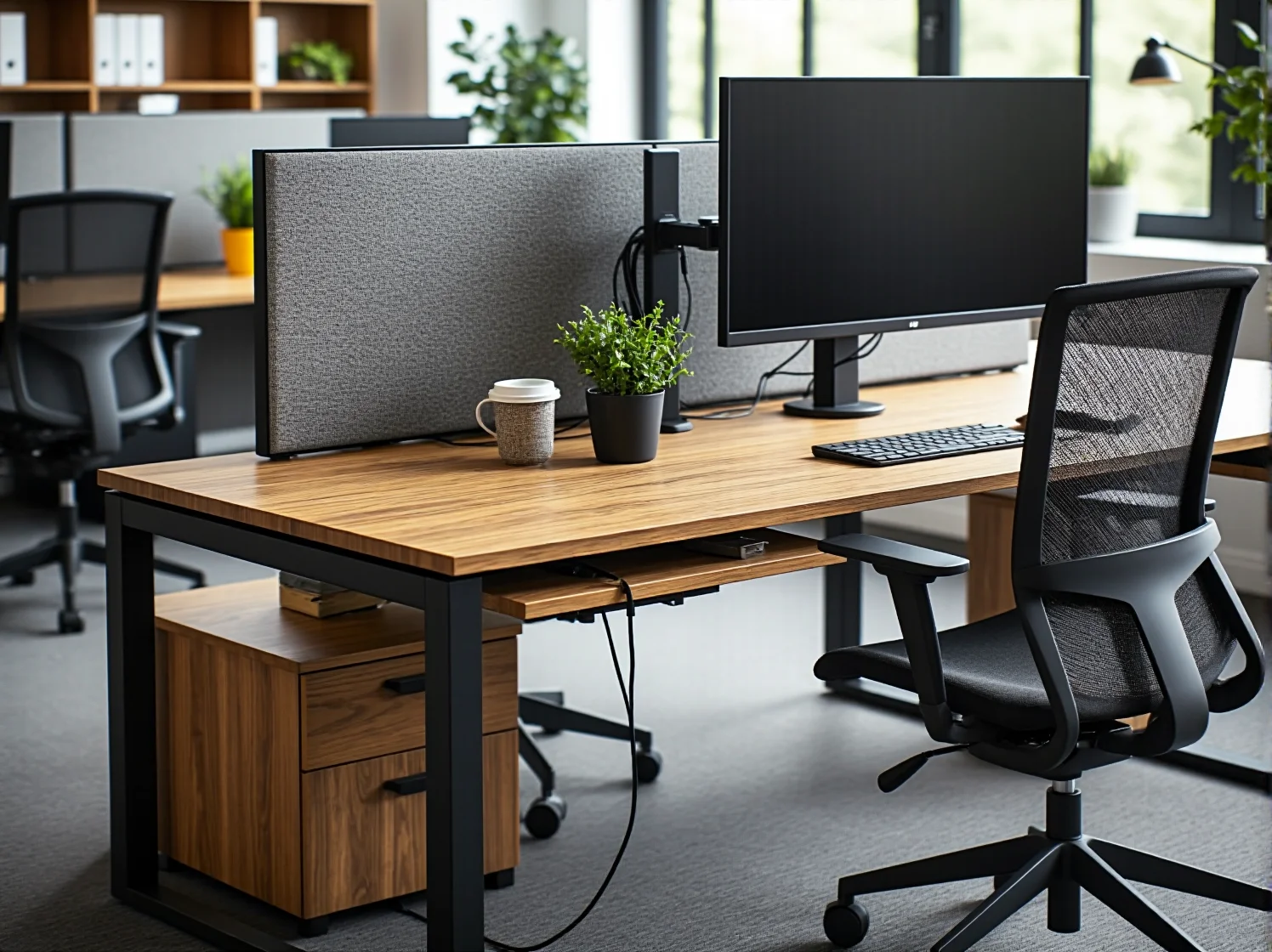 Ergonomiczny fotel i biurko z regulacją wysokości wspierające zdrowie pracownika.