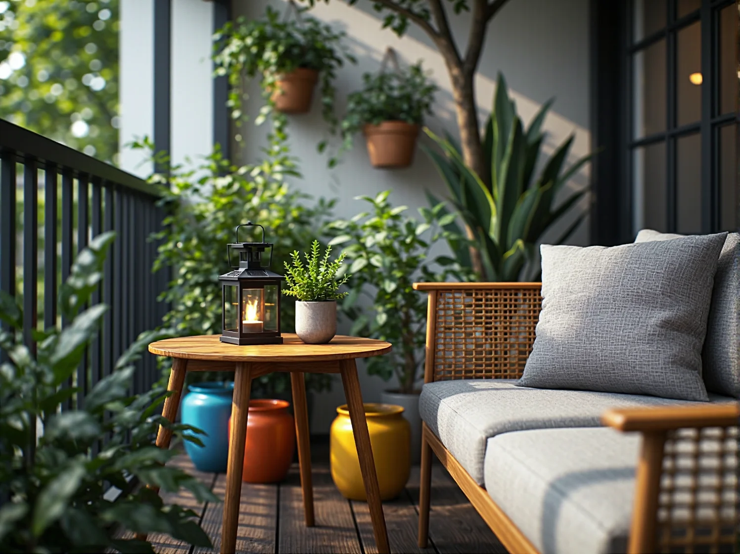 Ekologiczne i funkcjonalne lampy solarne zawieszone na balustradzie balkonu dające ciepłe światło.