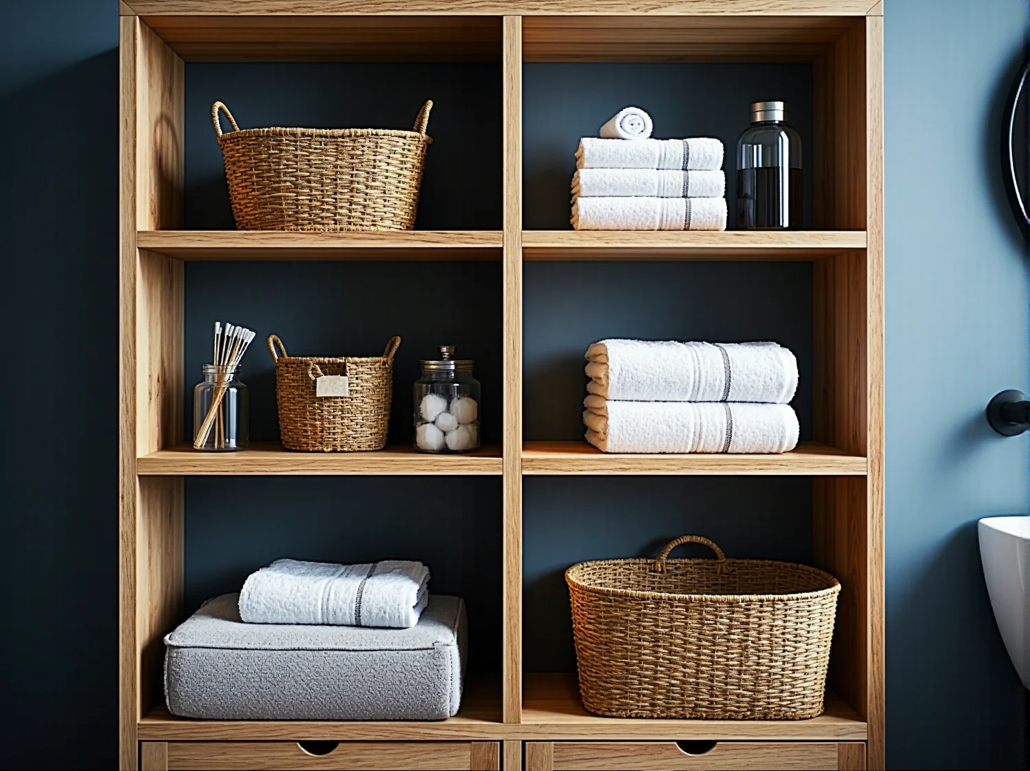 Minimalistyczne słupki łazienkowe w stylu skandynawskim zapewniające porządek.