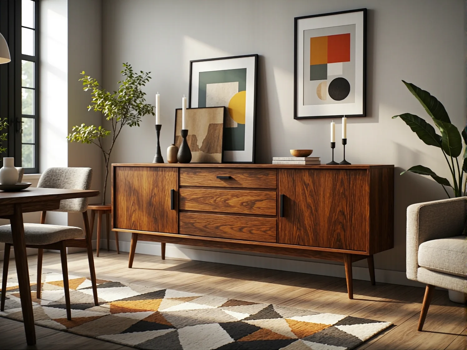 Harmonijne połączenie skandynawskiej bieli z drewnem i wzorzystymi dekoracjami retro w jadalni.