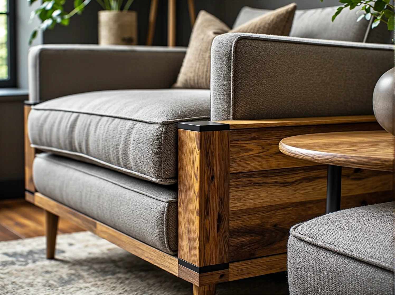 Drewniany stół vintage w jadalni na tle surowej ceglanej ściany w stylu loft