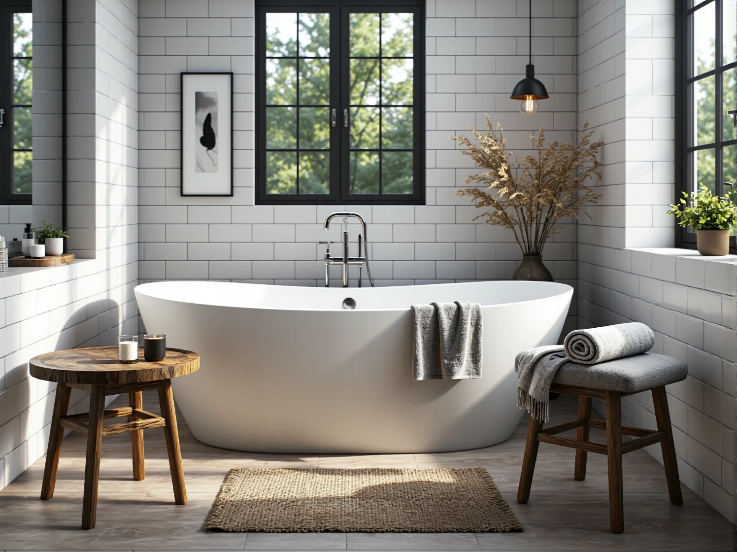 Drewniane meble łazienkowe z pojemnymi szufladami w przytulnym wnętrzu.