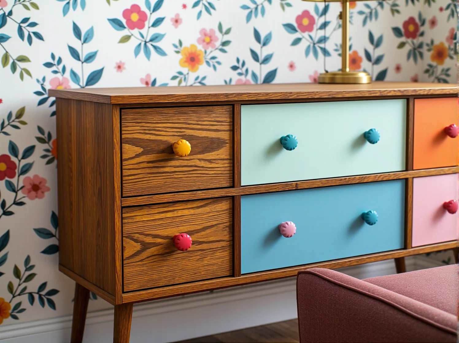 Komoda dziecięca w stylu retro z nowymi mosiężnymi uchwytami i wzorzystym frontem.