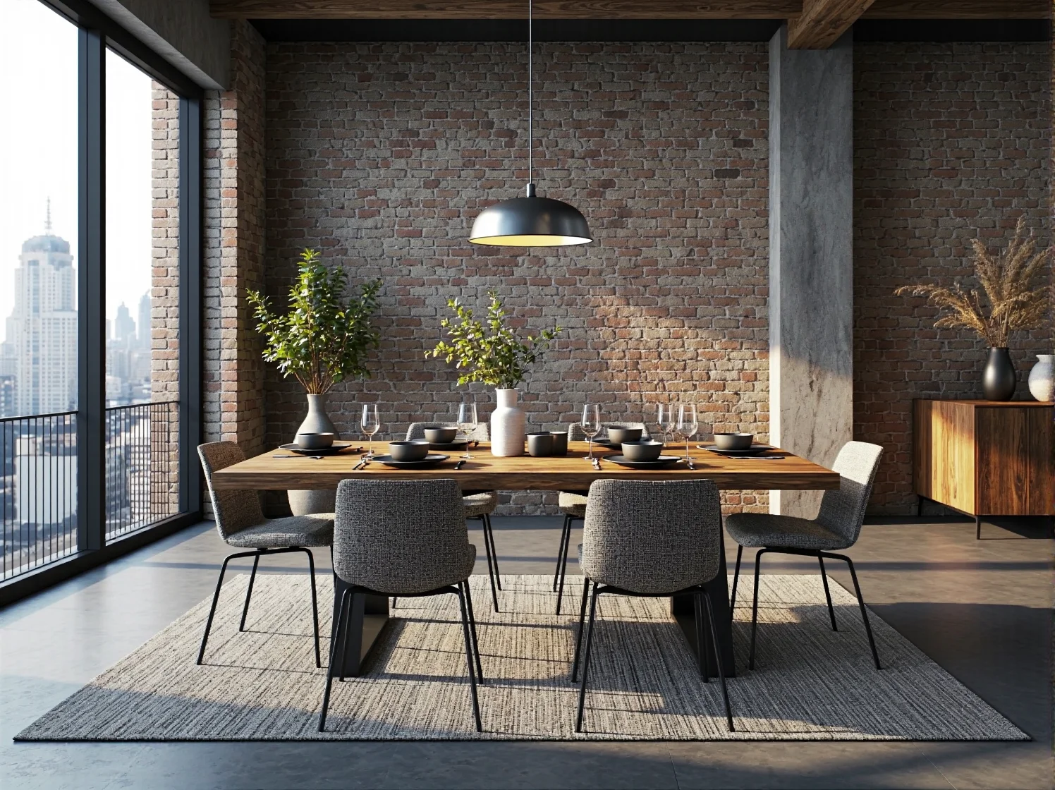 Ceglana ściana jako tło dla loftowej komody z metalu i drewna