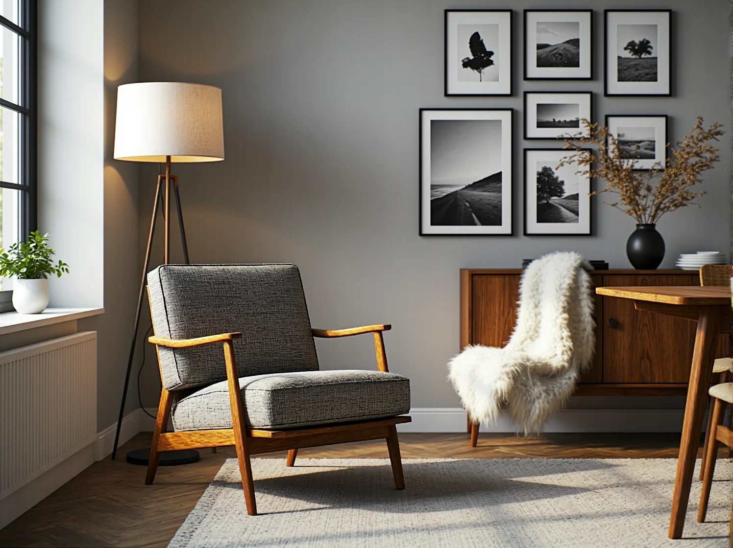 Krzesła vintage przy stole w skandynawskiej przestrzeni jadalnianej z akcentami retro.