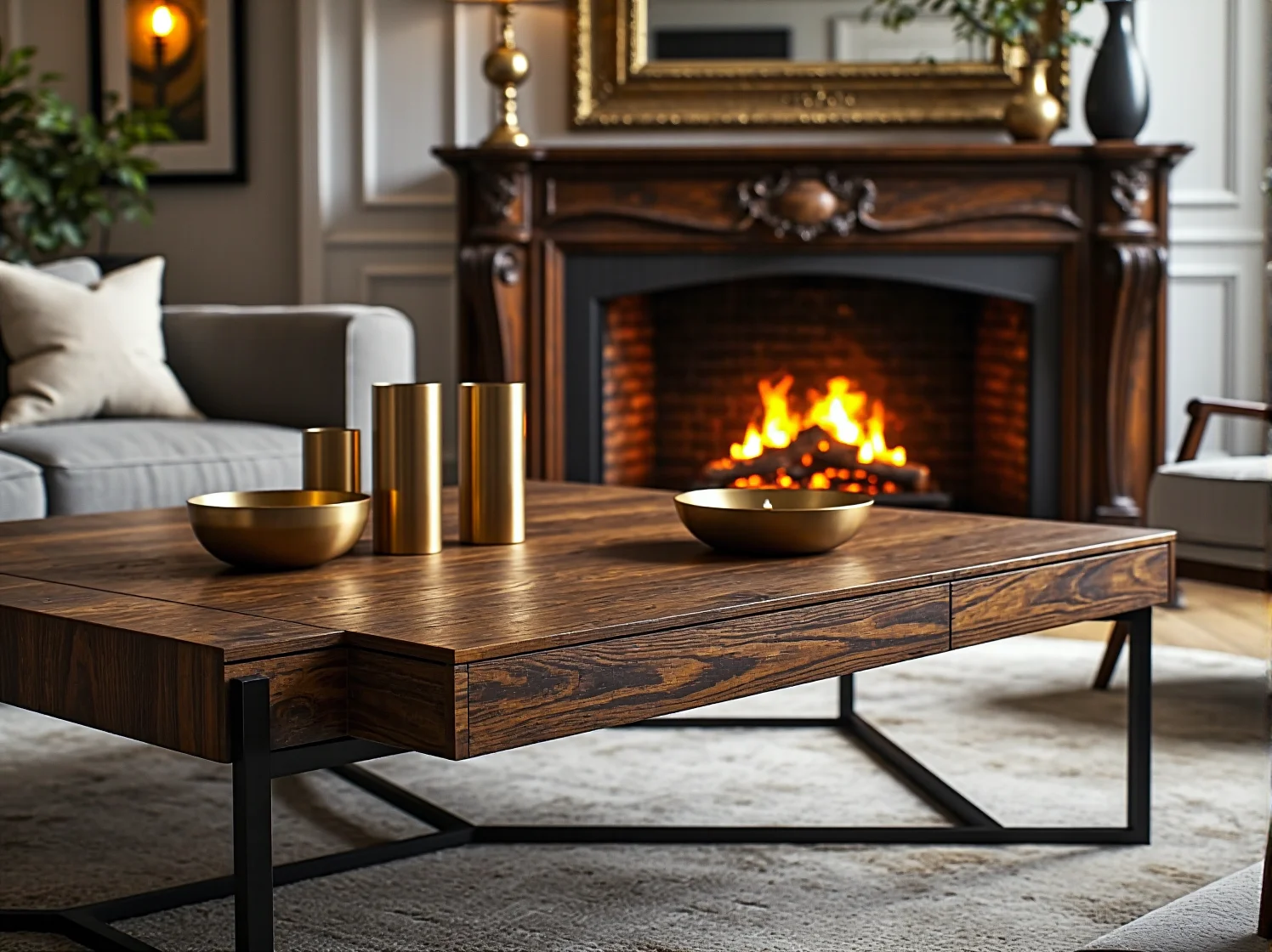 Marmurowy stolik kawowy podkreślający luksusowy charakter wnętrza.