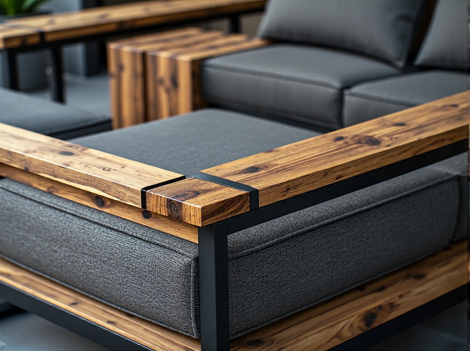 Detale mebli z odzyskanych materiałów podkreślające ekologiczny charakter nowoczesnego wnętrza.