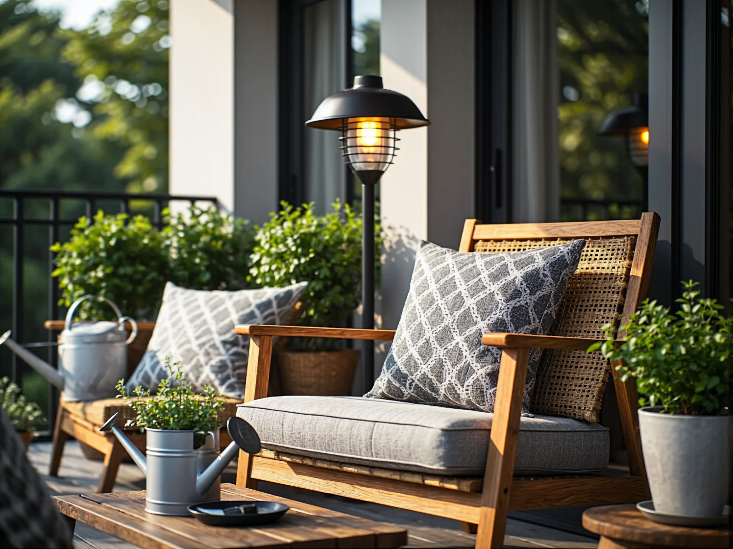 Odrestaurowane krzesła i stolik na małym balkonie nawiązujące do klasycznego stylu retro.