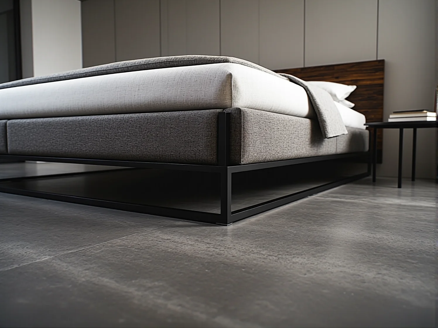Minimalistyczne łóżko z metalową ramą idealne do sypialni w stylu industrialnym