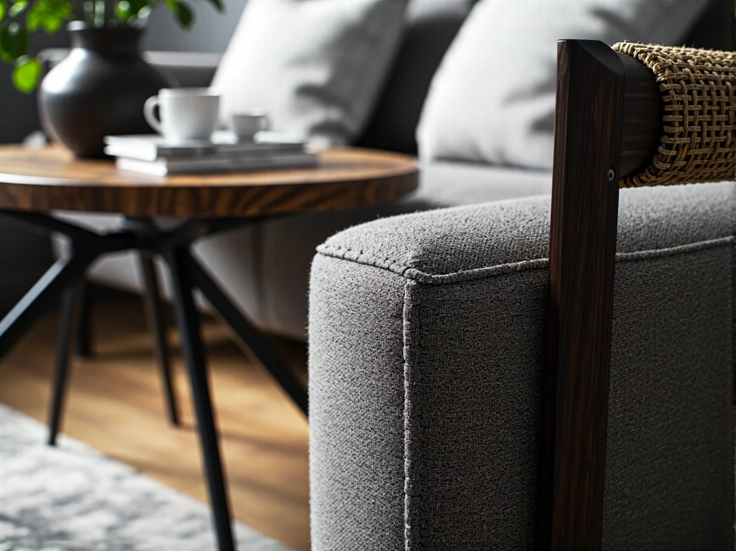 Modułowa kanapa skandynawska w małym mieszkaniu z drewnianym stolikiem.