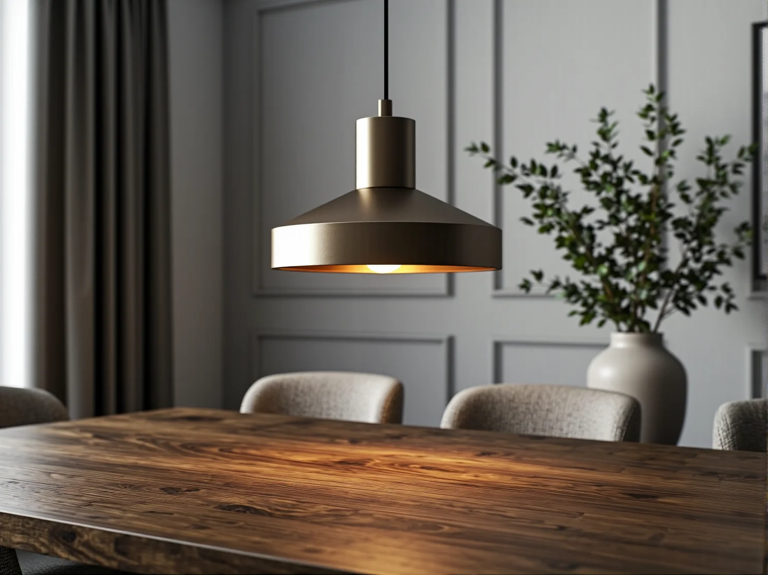 Mosiężna lampa wisząca kontrastująca z ciemną ścianą w stylowej jadalni.