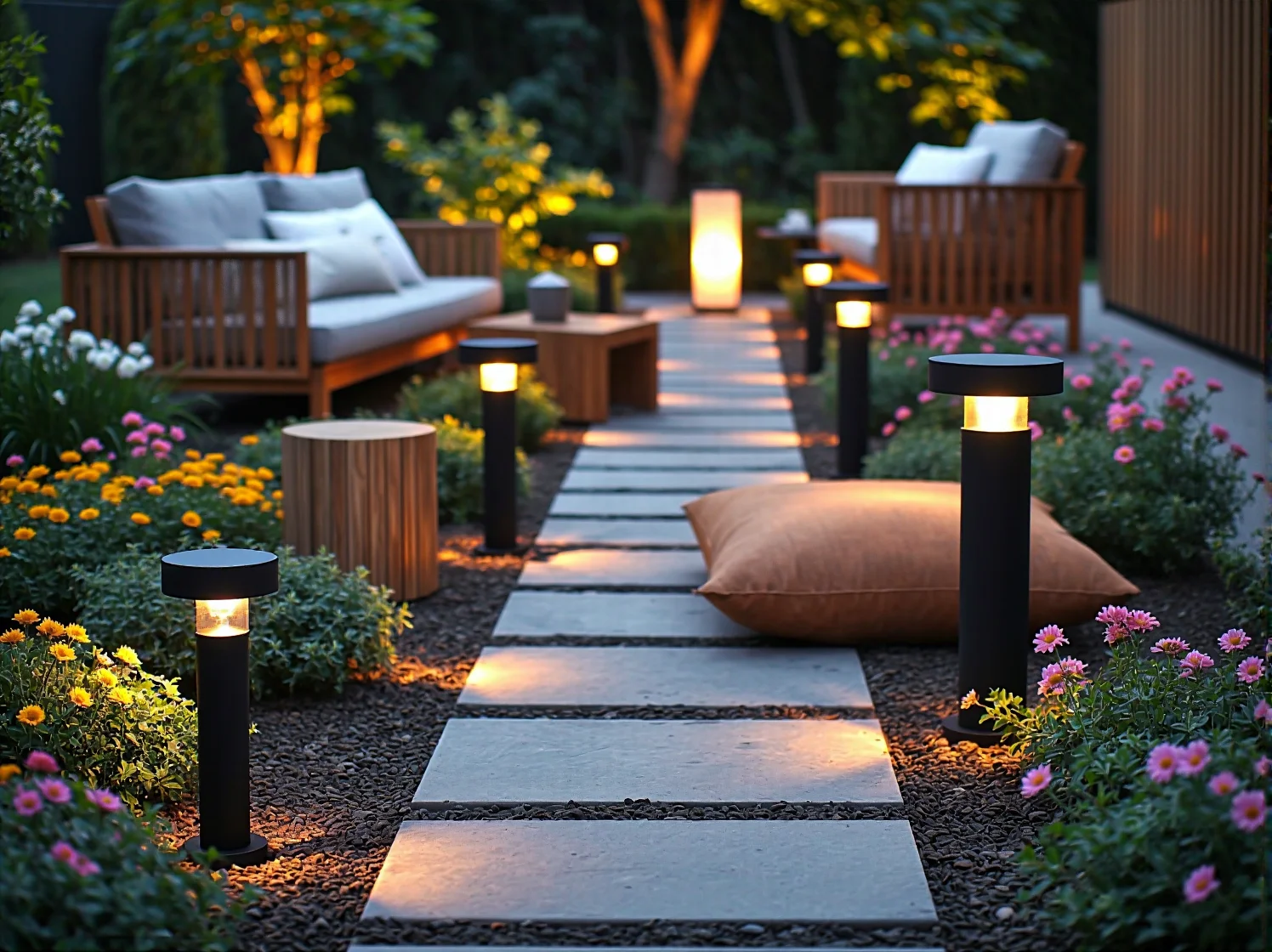 Nastrojowe oświetlenie strefy relaksu z kominkiem zewnętrznym.