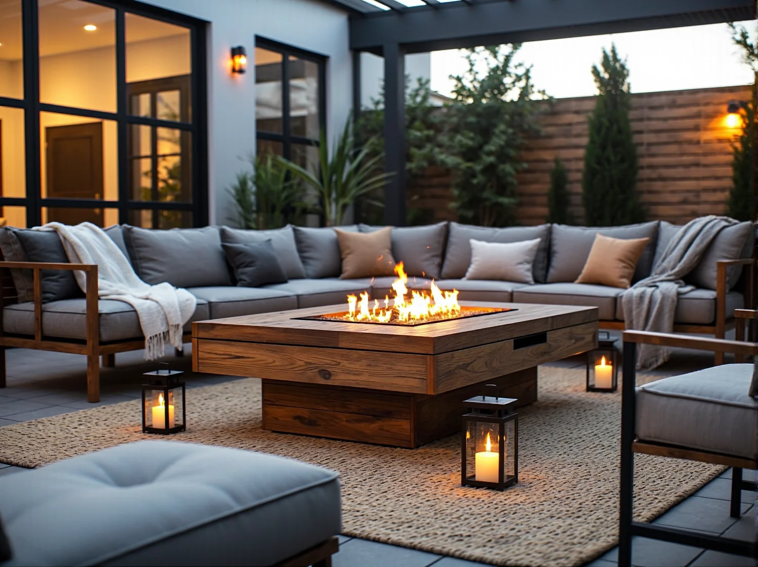 Nowoczesne lampiony i lampy ogrodowe obok murowanego kominka.