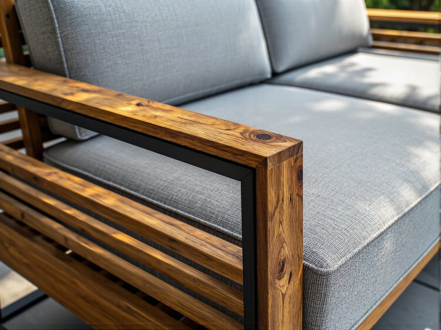 Nowoczesne wnętrze z drewnianym stołem z recyklingu i industrialnymi krzesłami ogrodowymi.