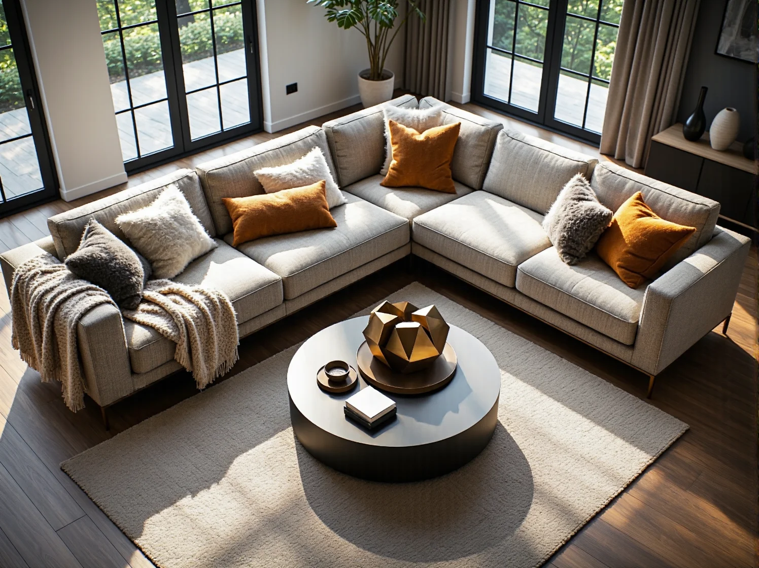 Okrągły stół kawowy o geometrycznym kształcie w eleganckim salonie.