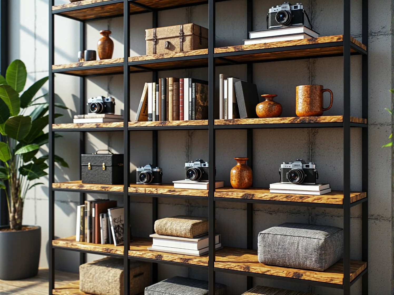 Regał industrialny w nowoczesnym mieszkaniu w stylu loftowym