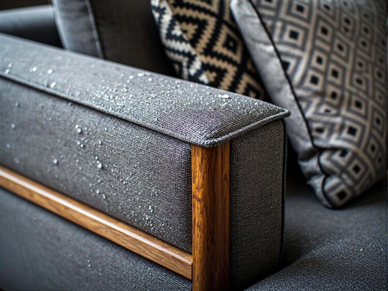 Rozlana woda na plamoodpornym materiale narożnika, tworząca krople dzięki powłoce hydrofobowej.