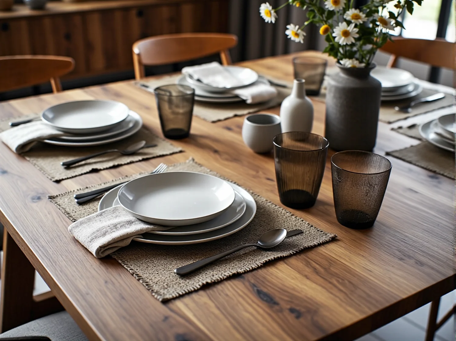 Minimalistyczna skandynawska jadalnia ozdobiona kolorowymi dodatkami w stylu retro.