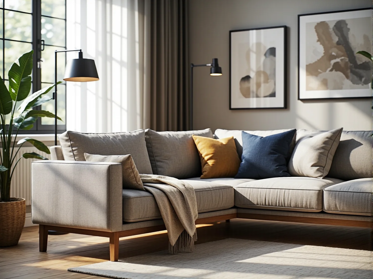 Zabudowa meblowa w kuchni i salonie w podobnej kolorystyce tworząca harmonijną, otwartą przestrzeń.