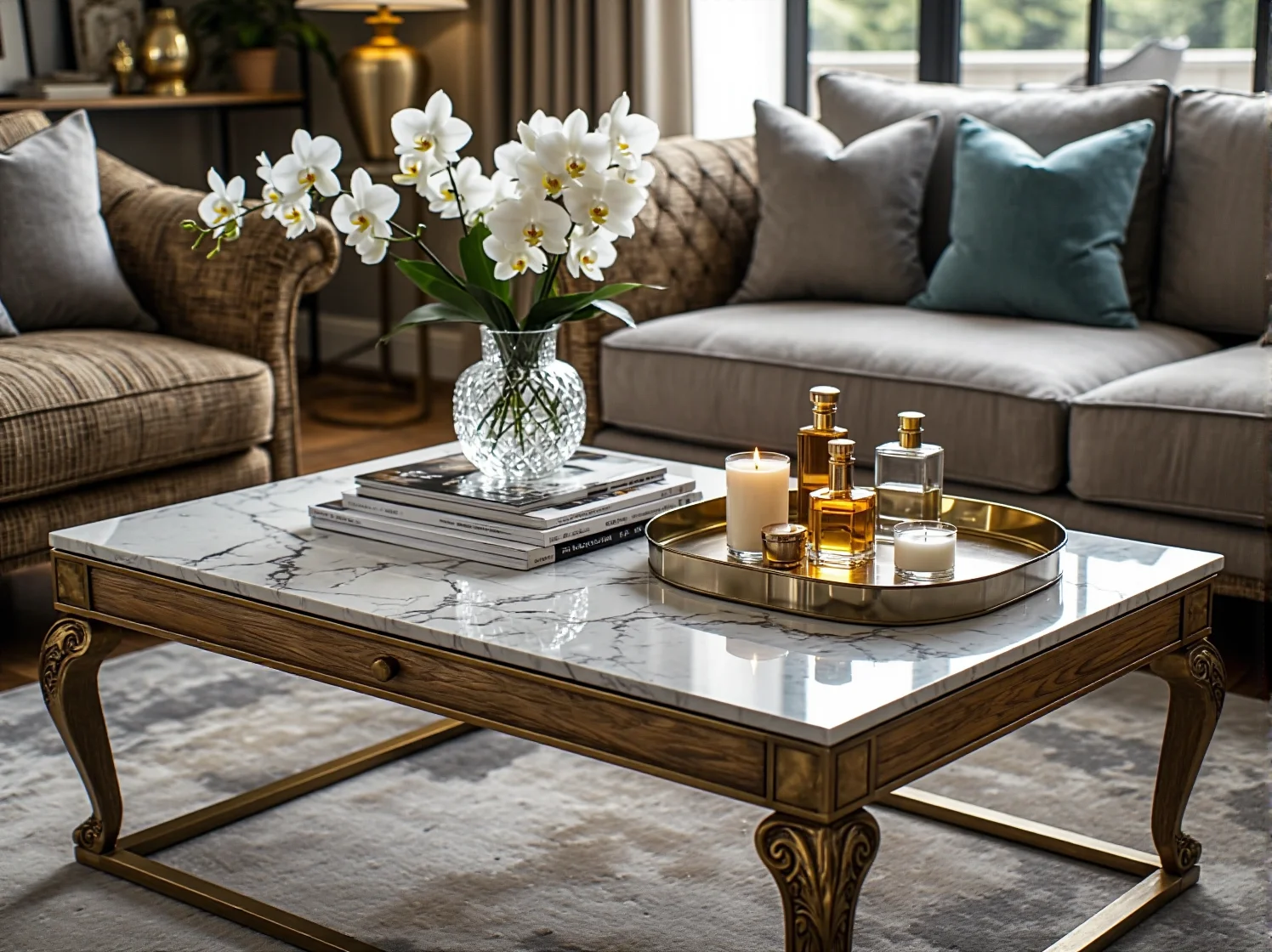 Szklany stolik kawowy ze złotymi detalami idealny do wnętrz glamour.