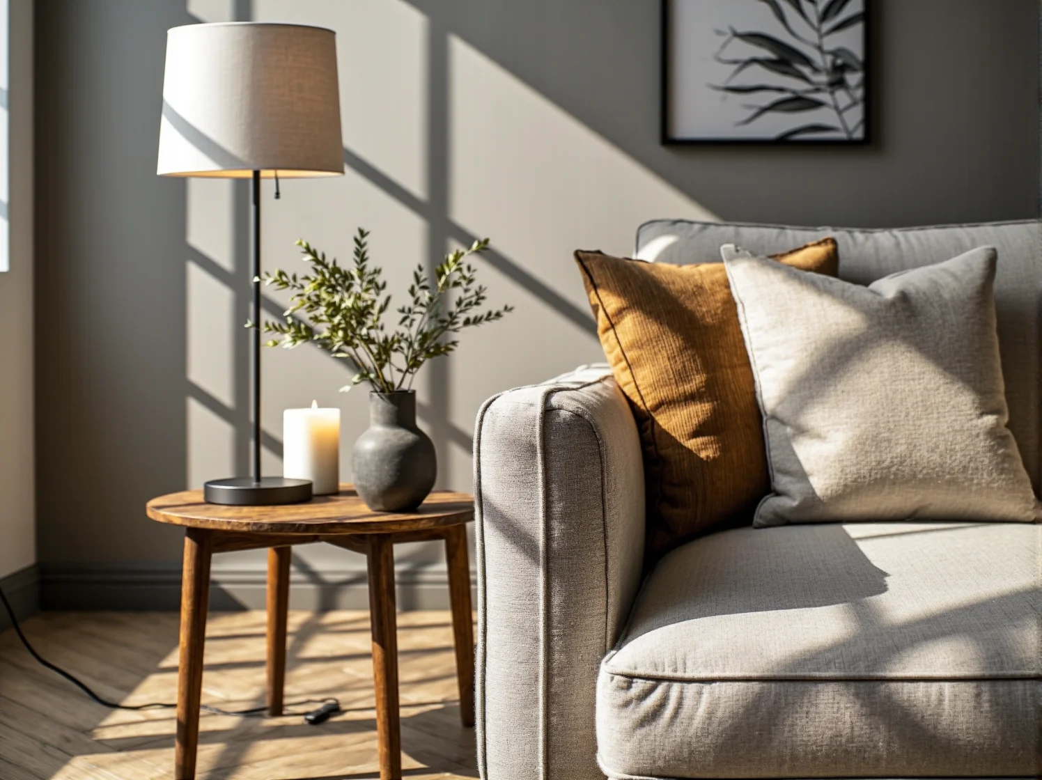 Ciepłe światło wiszącej lampy ogrodowej nad rattanowymi meblami.