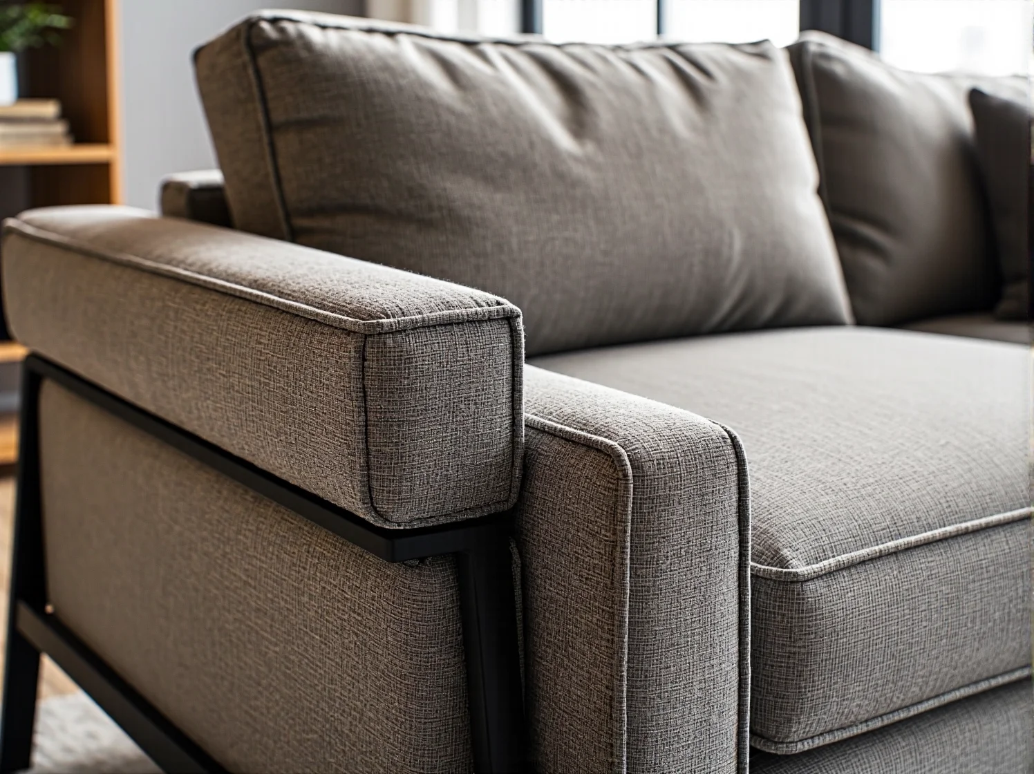 Antresola z łóżkiem na górze i strefą do pracy na dole w wysokim mieszkaniu.