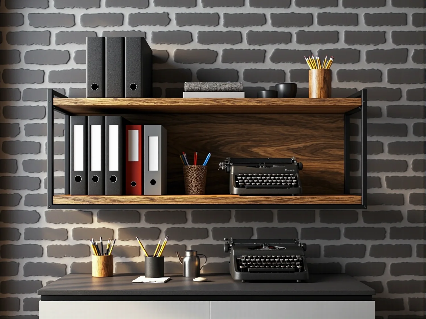 Aranżacja wnętrza: loftowy regał wiszący na tle ściany z czerwonej cegły z książkami i roślinami.