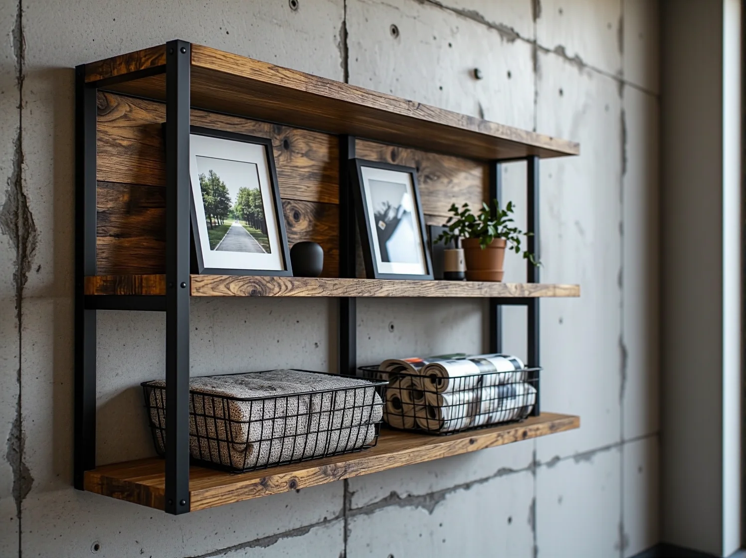 Nowoczesny asymetryczny regał ścienny w stylu industrialnym, idealny do domowego biura lub salonu.