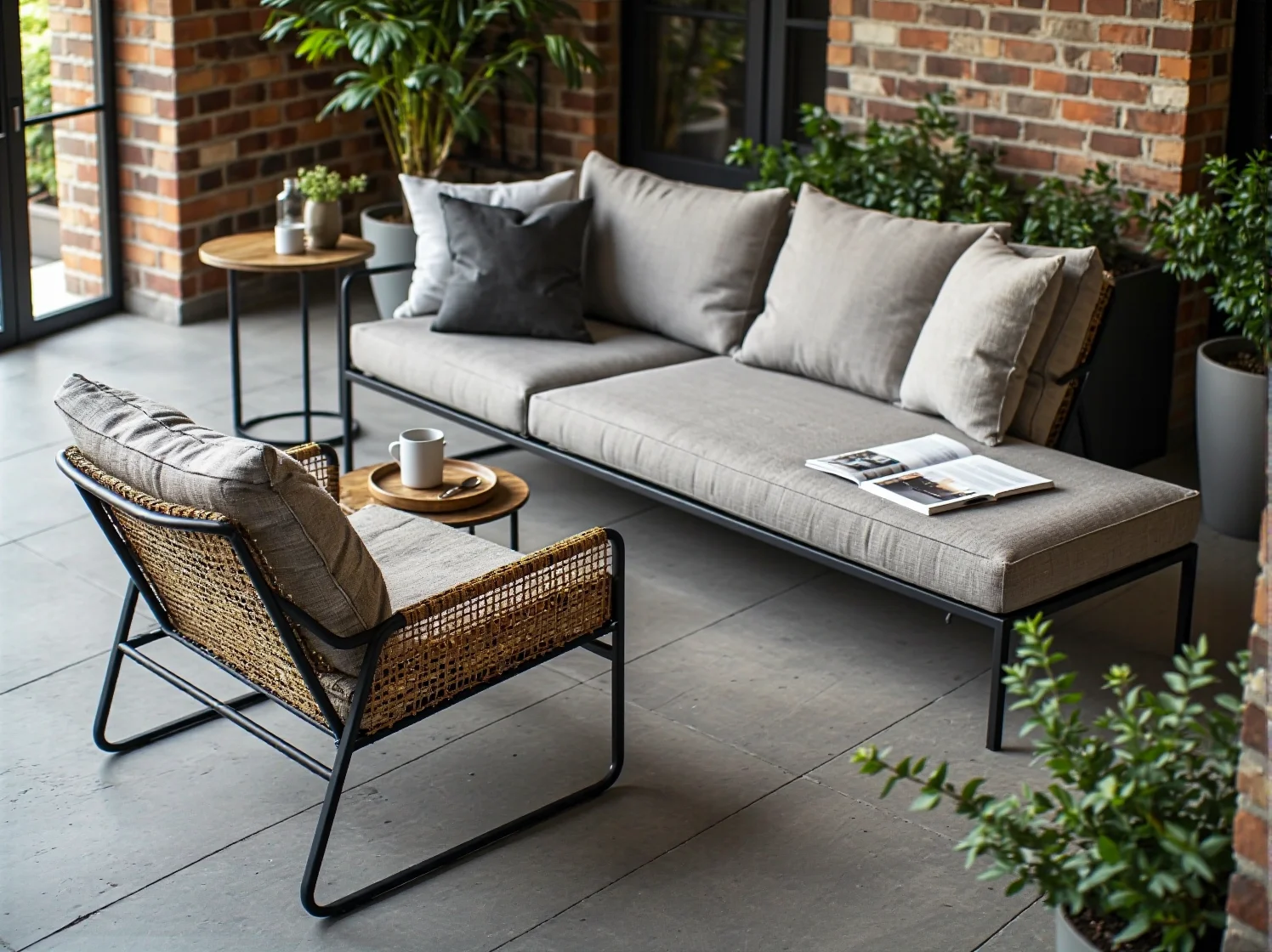 Betonowe donice z roślinami jako dodatek do surowych mebli