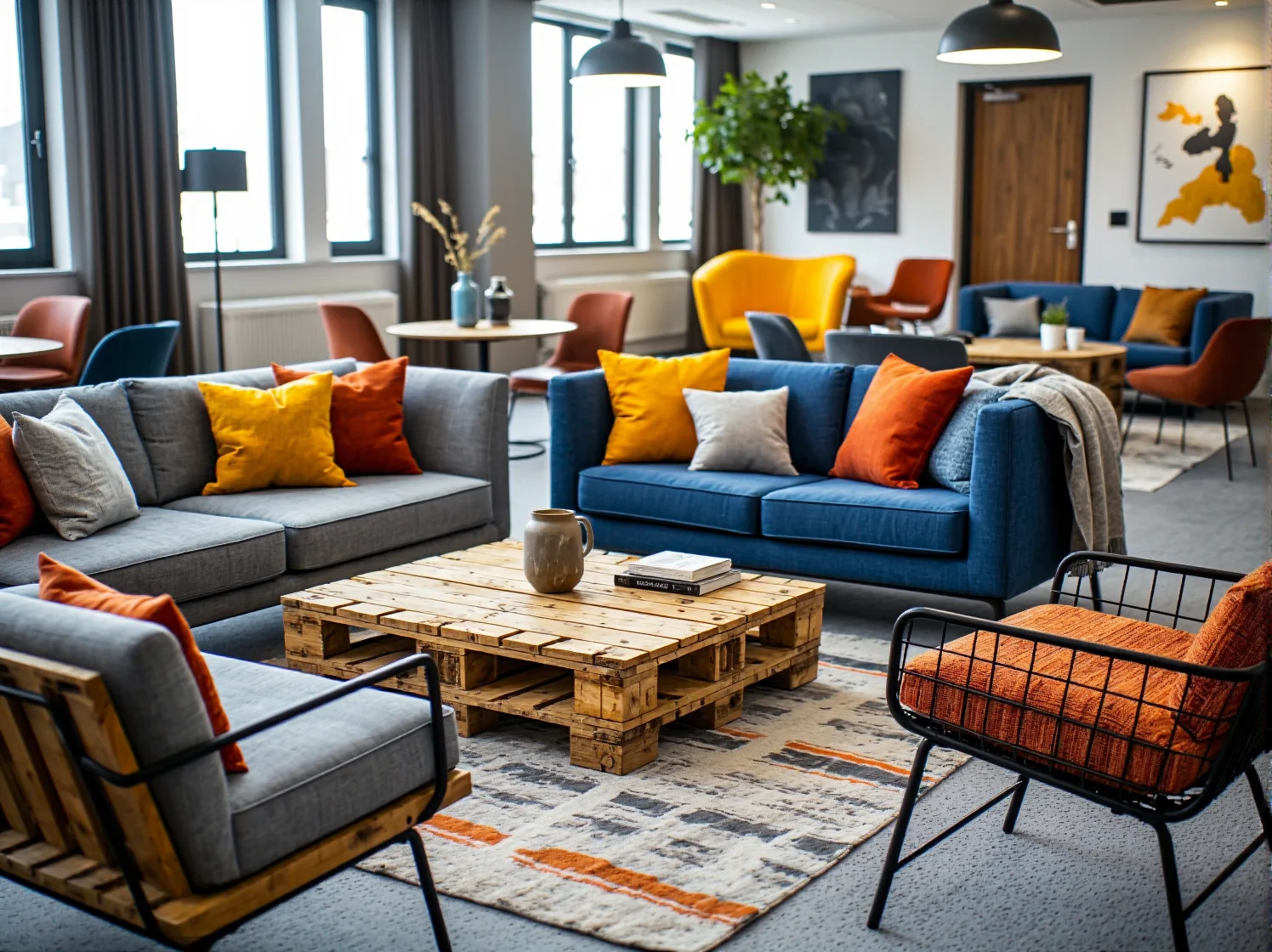 Duży drewniany stół do pracy zespołowej w nowoczesnym biurze