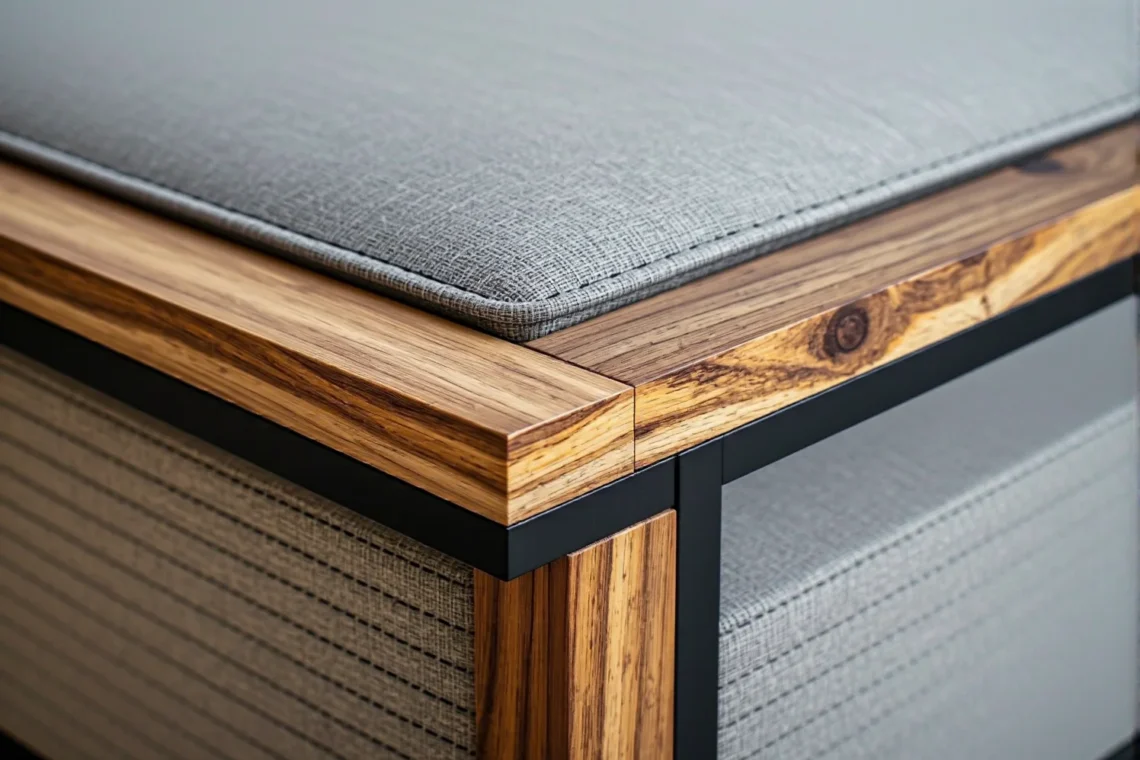 Narożnik łóżka z drewnianą ramą dębową i szarą tapicerką