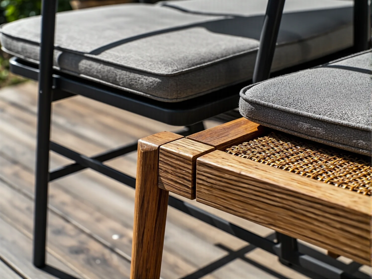 Detal łączeń w ekologicznym fotelu ogrodowym wykonanym z trwałego rattanu.