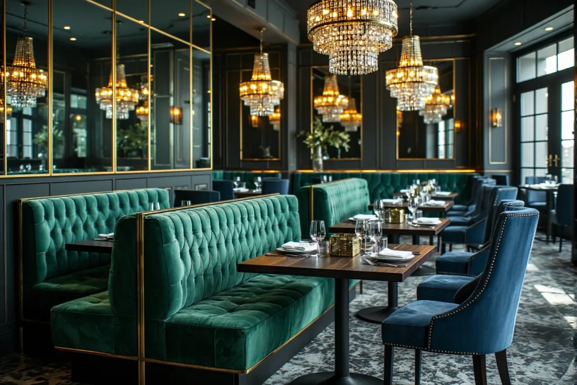 Tapicerowana sofa restauracyjna zielona pikowana ze złotą ramą