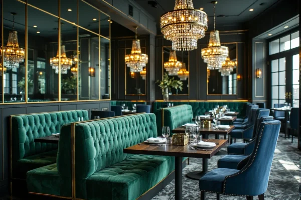 Tapicerowana sofa restauracyjna zielona pikowana ze złotą ramą